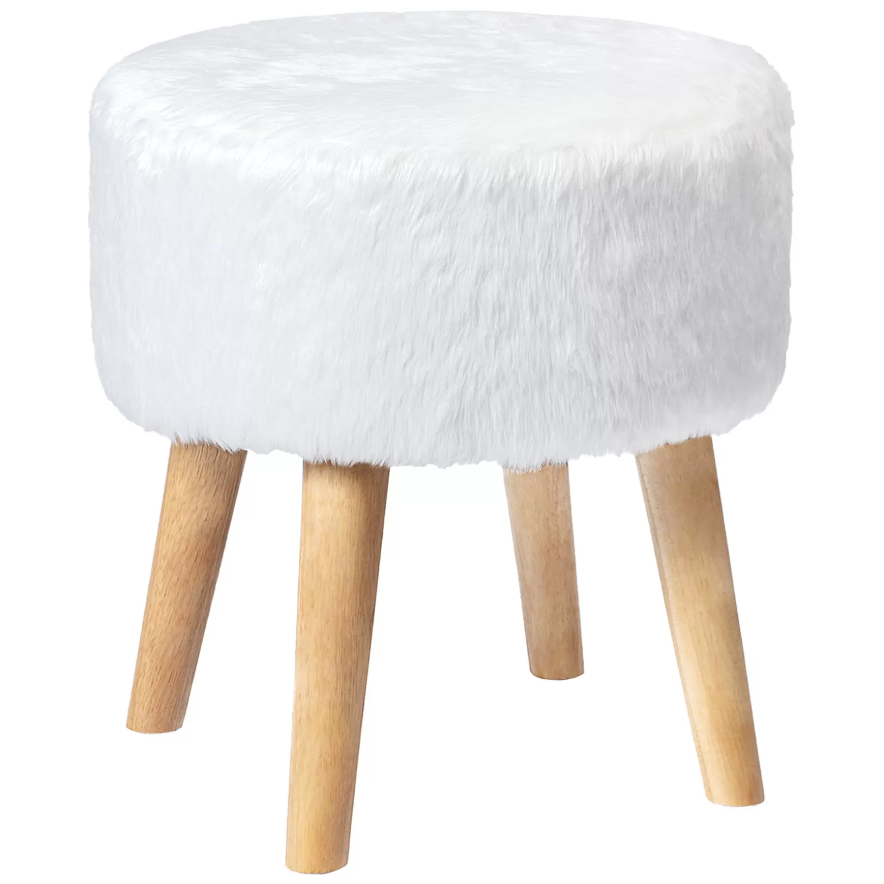 * Emmy White Faux Fur Wood Leg Ottoman Good Quality Best