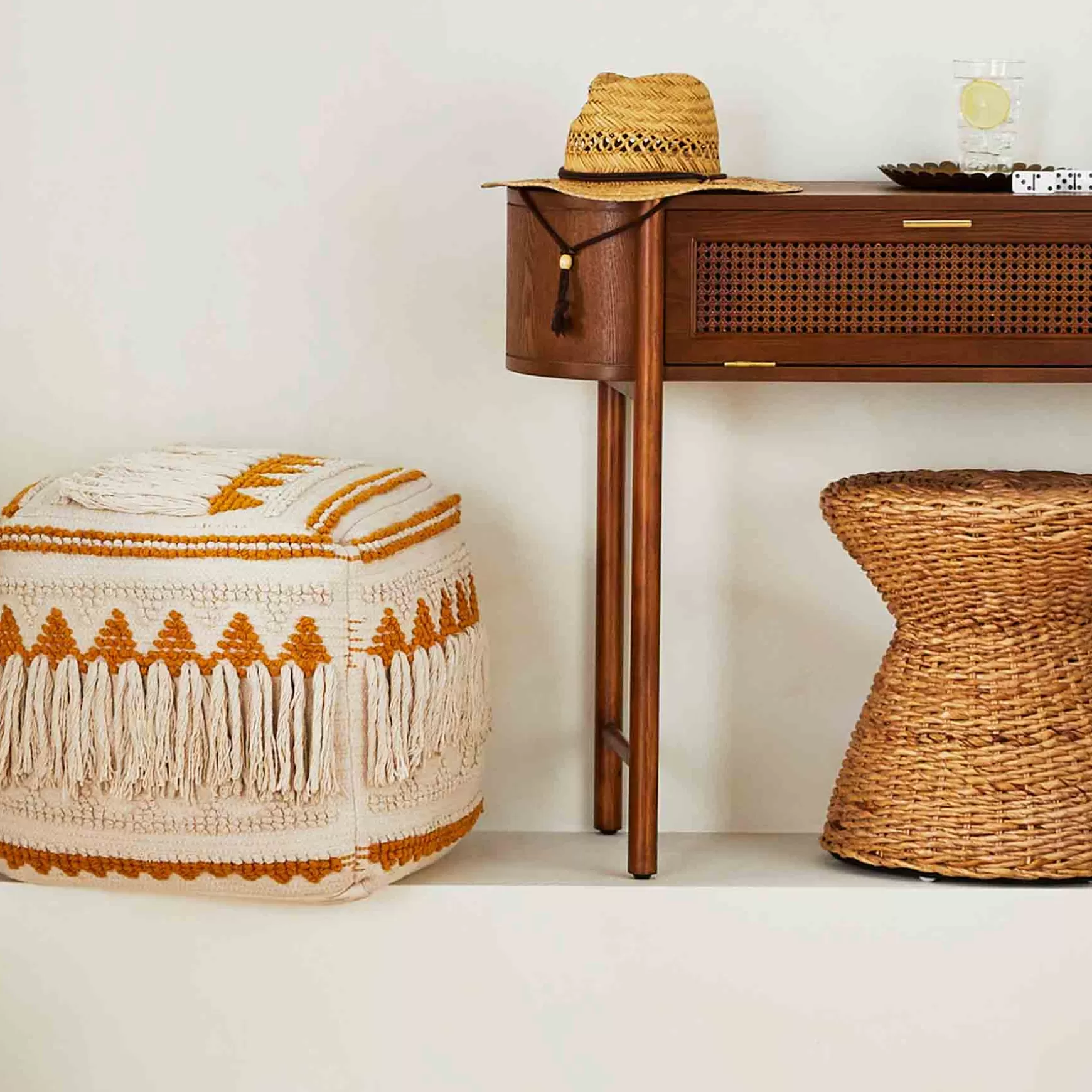 * Francis Handwoven Fringe Pouf, 18 Low Price Online