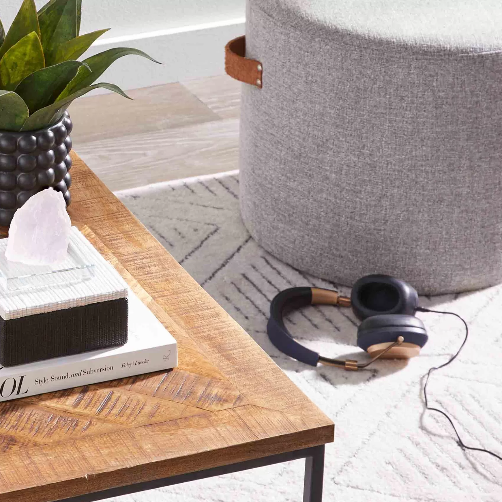 * Honeybloom Rica Textured Pouf With Faux Leather Handles, Grey Less Expensive Hot