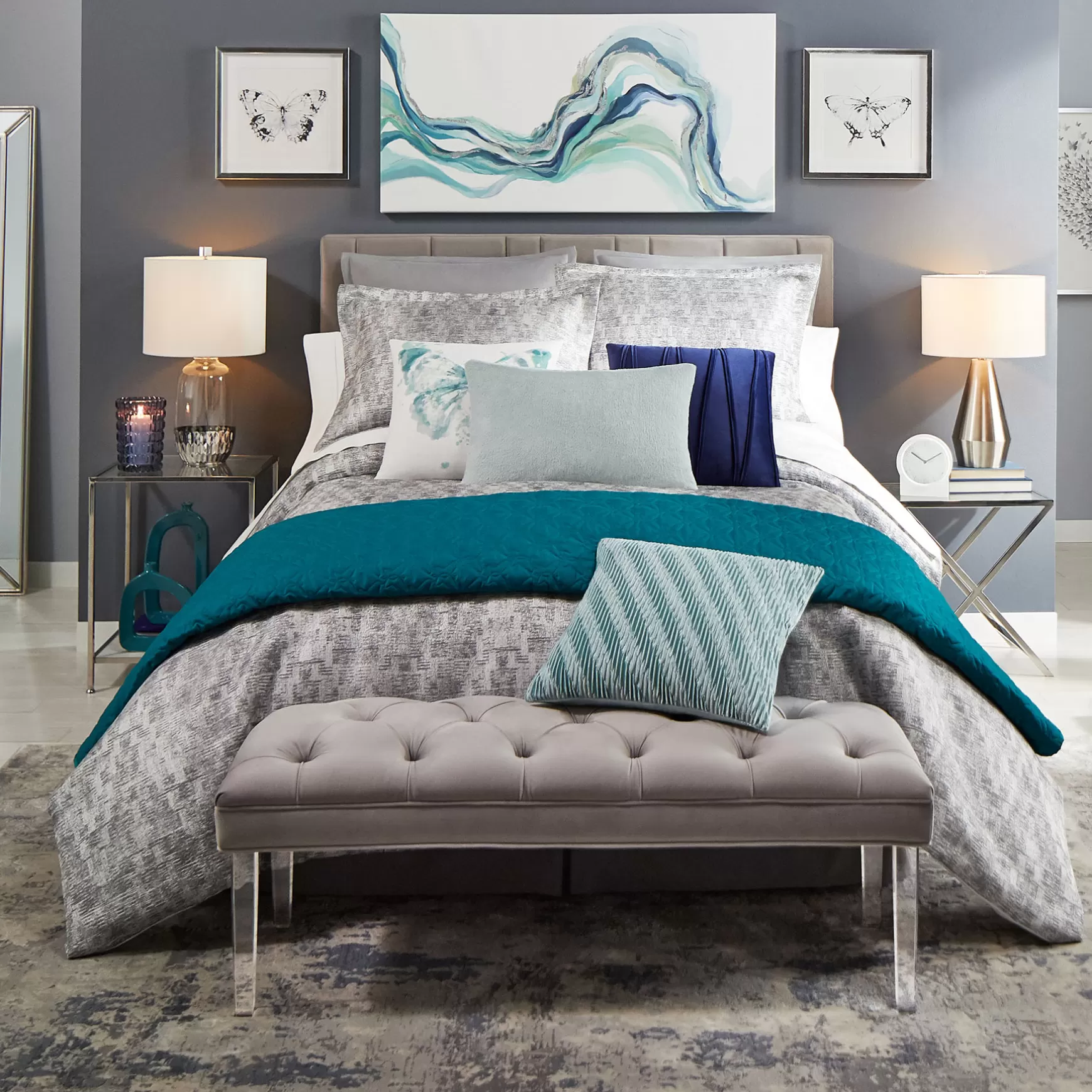 * Laila Ali Grey Tufted Bench With Clear Acrylic Legs Promotion Cheap