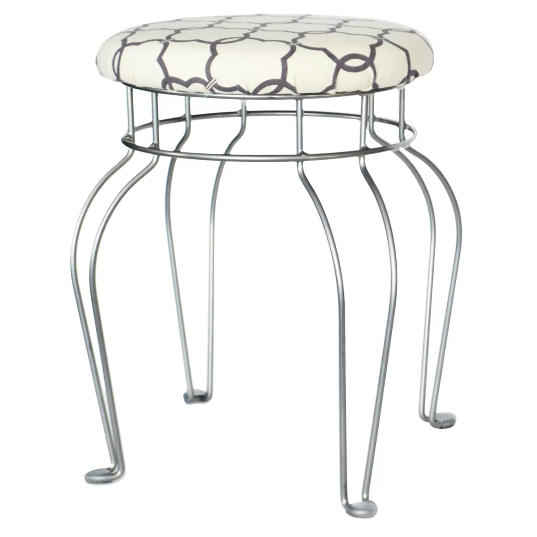 * Quatrefoil Silver Wire Vanity Stool/Ivory Printed Fabric Seat Opening Sales Fashion