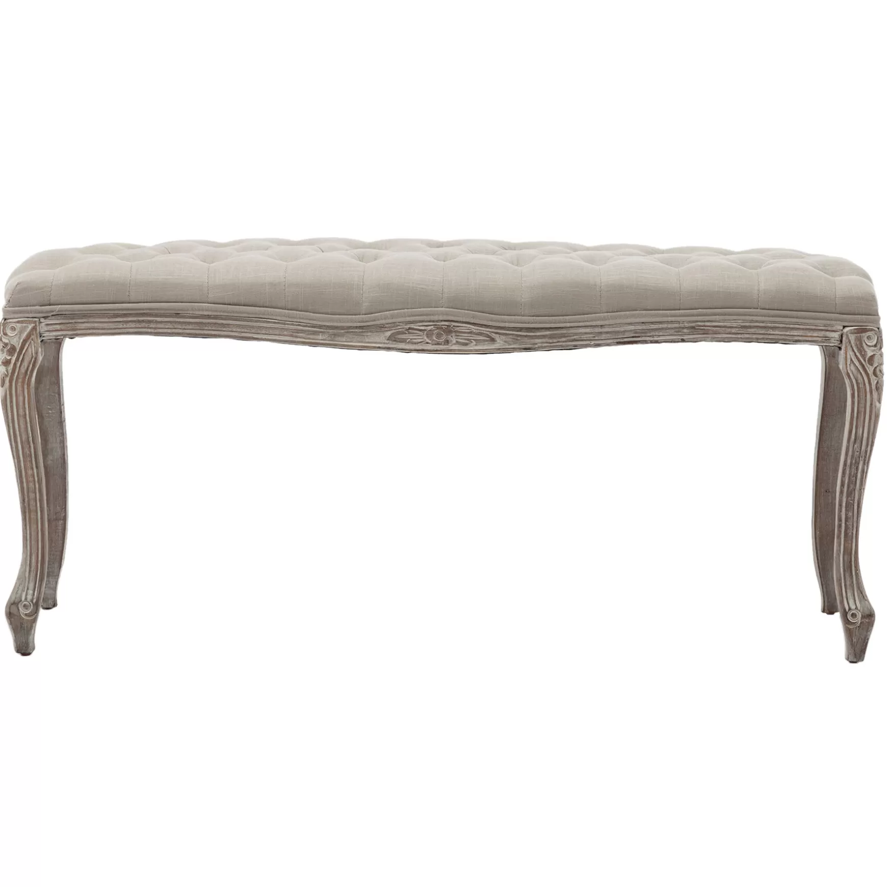 * Simone Grey Linen Tufted Bench With Carved Reclaimed Wood Legs Outlet Best Sale